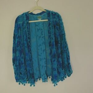 URU Cardigan Turquoise Blue Floral Velvet Burnout Pom‎ Pom Trim